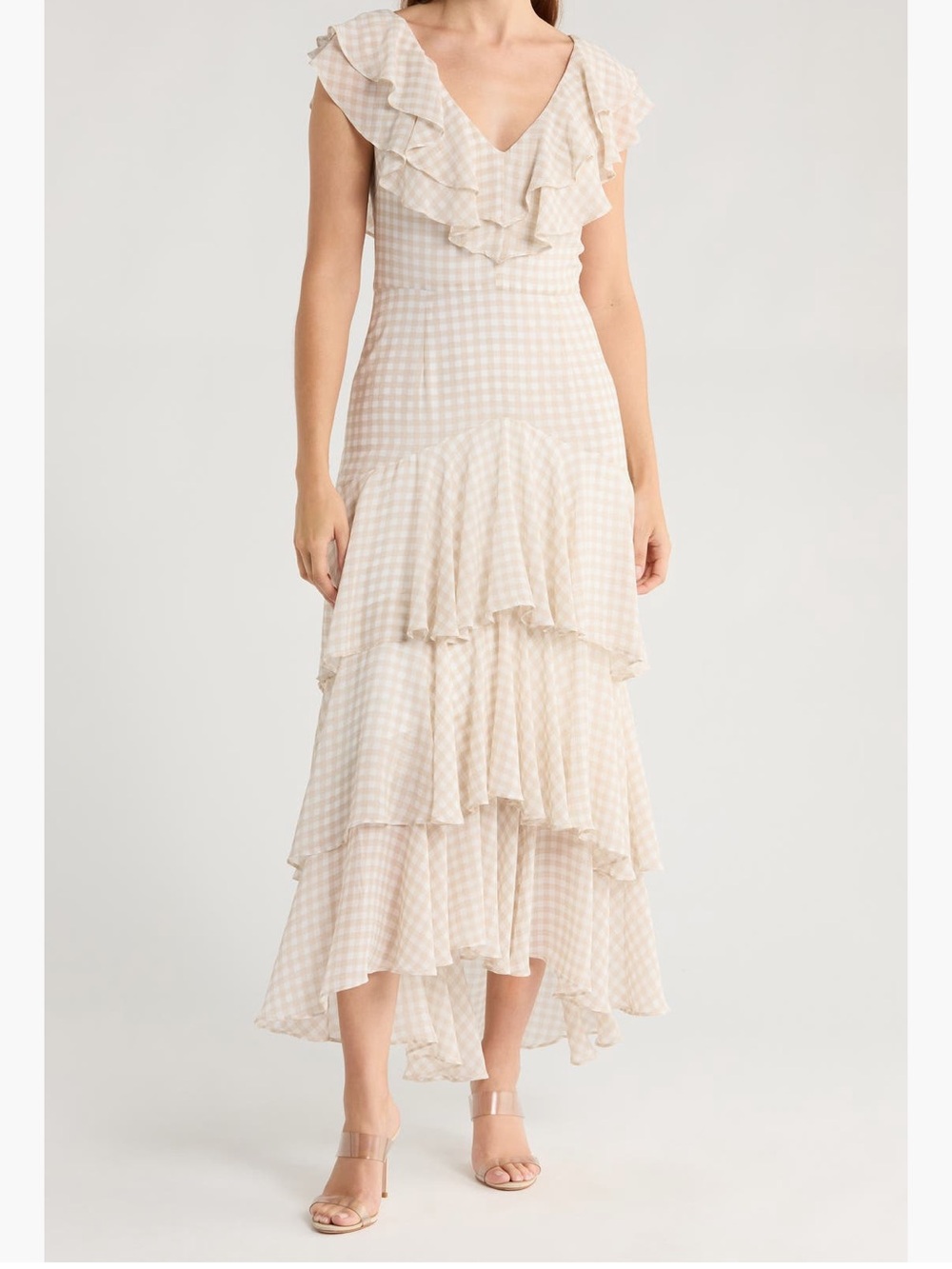Wayf Beige Gingham Ruffle Midi Dress